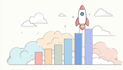 Rocket launching from a stack of rising bar graphs, surrounded by clouds
