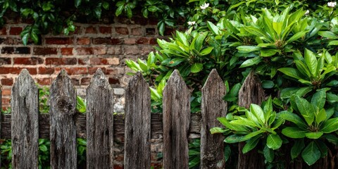 Aged wooden fence against a brick wall, lush greenery surrounds