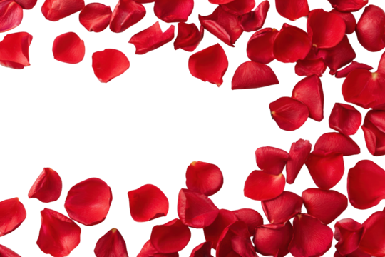Red rose petals frame a black background