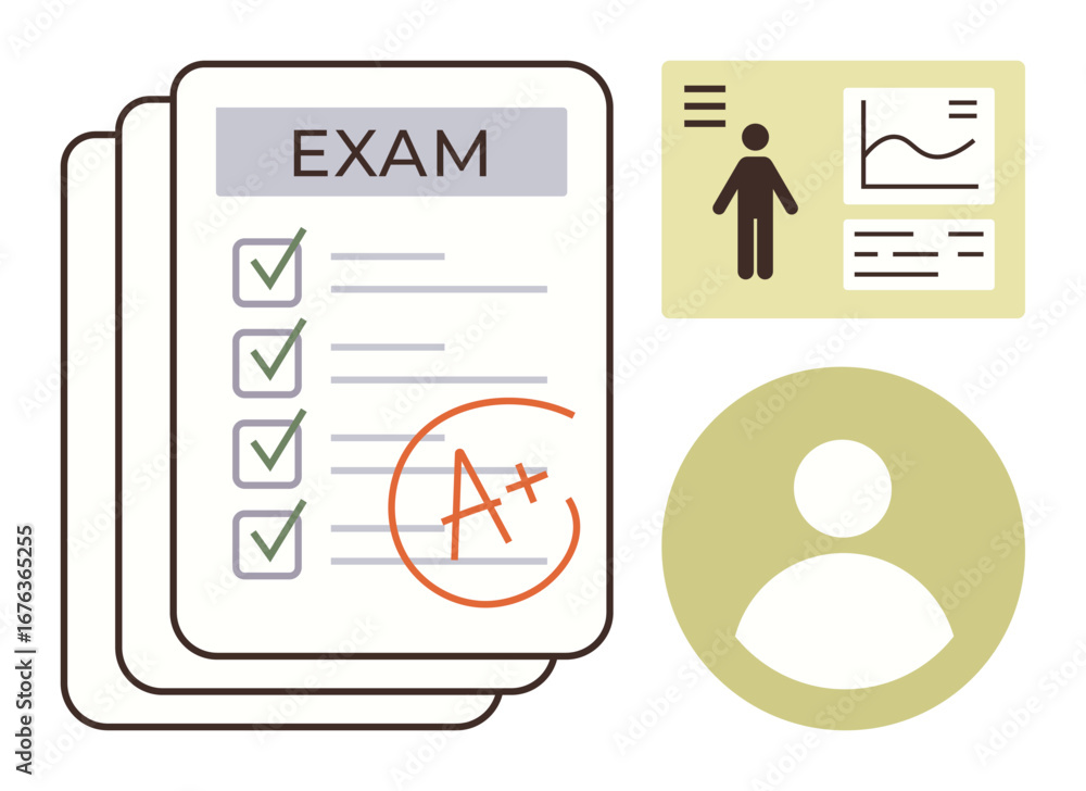 Poster exam paper with checkmarks and a score. user profile and analysis with data charts. ideal for educat
