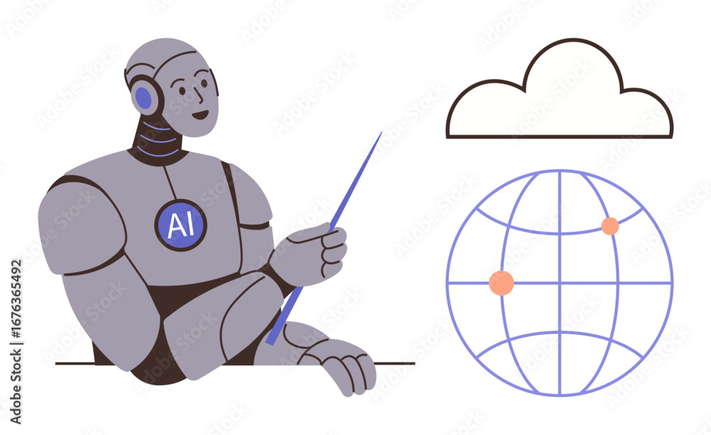 Poster ai robot holding pointer, presenting cloud icon and globe with connection nodes. ideal for technolog