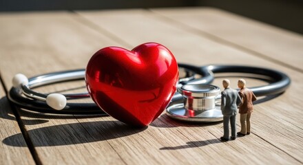 Miniature figures near a stethoscope and heart