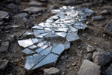 Broken mirror shards on gravel