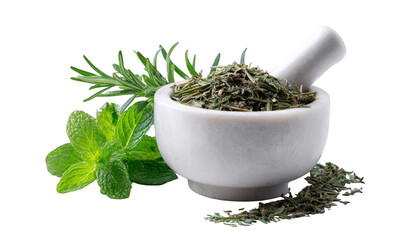 Fresh herbs in a mortar and pestle (1)