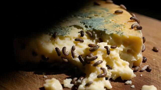 maggots crawling on traditional casu marzu cheese