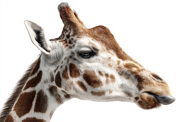 Naklejka premium Close-up profile of a giraffe's head and neck, spotted pattern, long neck, tongue visible
