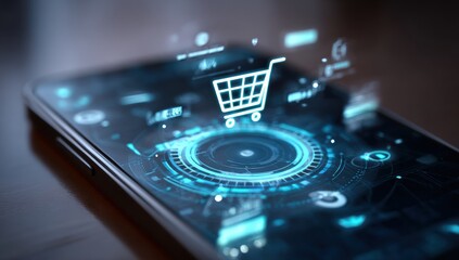 Smartphone displaying futuristic online shopping interface