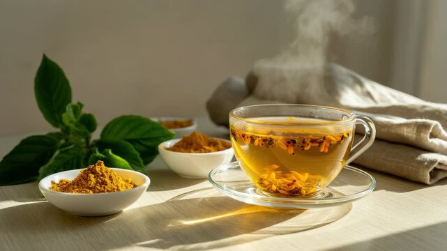 Cup of herbal tea with turmeric powder and lush green leaves on sunny table