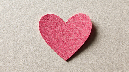Obraz premium close-up of single pastel pink heart-shaped card cutout on light creamy surface, fine paper texture, clean modern awareness composition with blank space