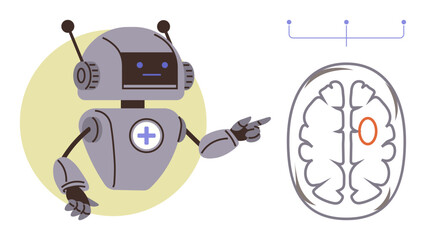 Robot with healthcare insignia pointing at a brain diagram, showcasing AI integration in medical research. Ideal for healthcare, innovation, technology, future, science, diagnostics, education