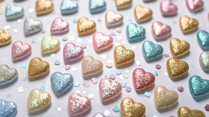 Pastel Glitter Hearts Pattern on White Background