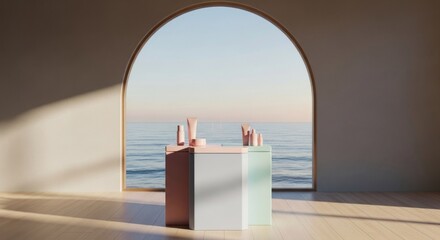 Minimalist display of skincare products on a pedestal near a large arched window overlooking the ocean.  Soft pastel colors