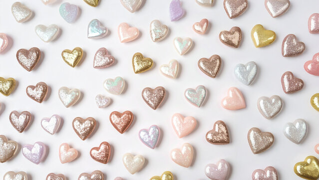 Pastel Glitter Hearts Pattern on White Background - Powered by Adobe