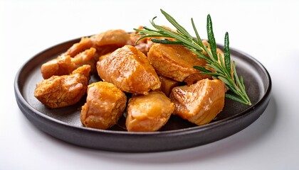 tender chunks of slow cooked chicken with fresh rosemary on a white surface