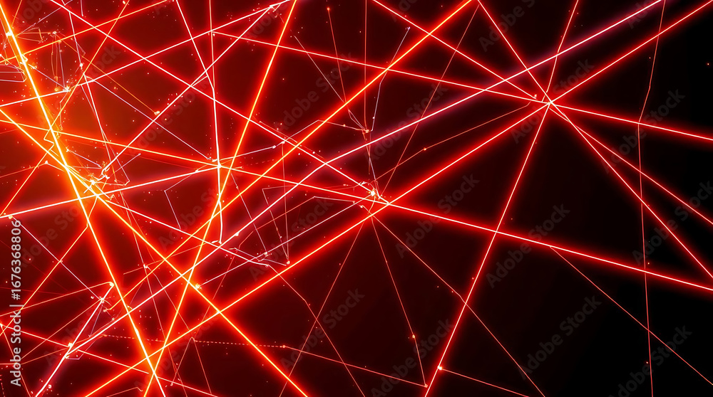 Poster abstract background with glowing red and orange laser beams crossing each other, creating a futurist