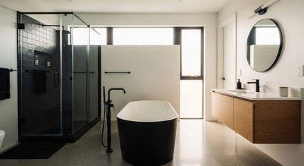 Modern bathroom with black accents and natural light