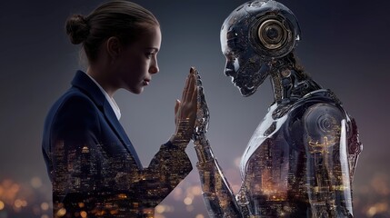 A humanoid robot AI agent and human handshake together as a team symbolizing agentic autonomy using future AGI superintelligence for teamwork and ASI collaboration during the singularity