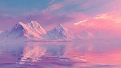 Fototapeta premium Pink sunset over snowy mountains reflecting on a calm sea
