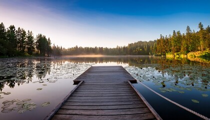 Fototapeta premium tranquil wooden dock on serene lake surrounded by pine trees and lily pads at sunrise