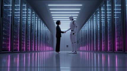 A humanoid robot AI agent and human together in a data center as a team symbolizing agentic autonomy using future AGI superintelligence for teamwork and ASI collaboration in the singularity