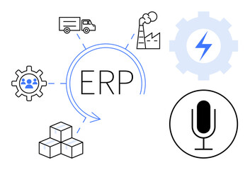 ERP text surrounded by factory, gear, truck, cubes, energy bolt, and microphone icon. Ideal for business integration, manufacturing, logistics technology energy management resource planning