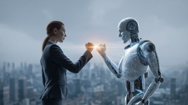 A humanoid robot AI agent and human handshake together as a team symbolizing agentic autonomy using future AGI superintelligence for teamwork and ASI collaboration during the singularity