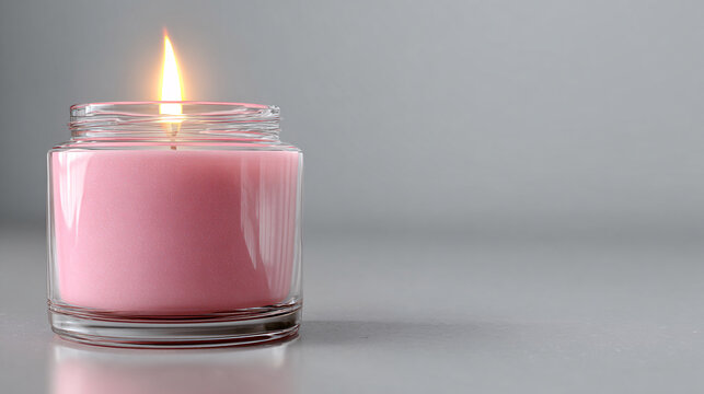 close-up of single pink wax candle in clear glass jar on soft grey background, subtle reflections, minimalist remembrance and support design with negative space