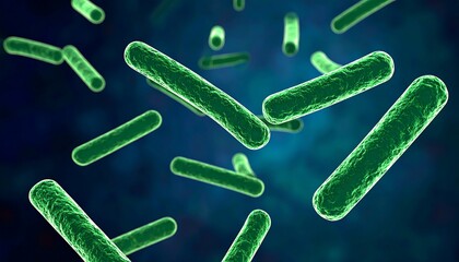 Green rod-shaped bacteria in a dark background.  Microscopic view