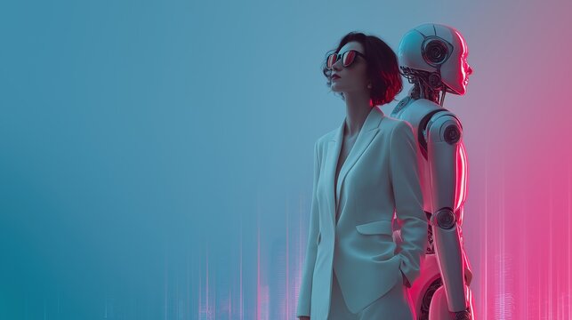 A humanoid robot AI agent and a human together as a team symbolizing agentic autonomy using future AGI superintelligence for teamwork and ASI collaboration during the singularity