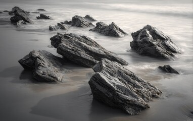Gray rocks on a beach at low tide