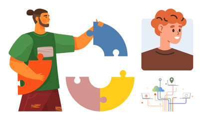 Man assembling colorful puzzle pieces, user profile icon, and interconnected devices. Ideal for teamwork, collaboration, problem-solving, creativity, digital communication, networking user