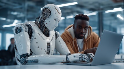 A humanoid robot AI agent and a human together as a team symbolizing agentic autonomy using future AGI superintelligence for teamwork and ASI collaboration during the singularity