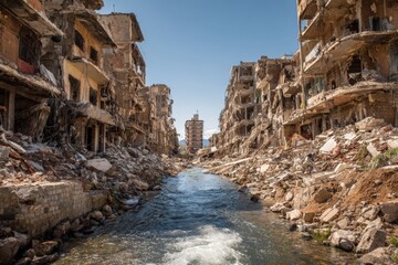 Fototapeta premium Ruined cityscape, ravaged by conflict