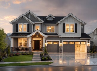 Large, modern farmhouse-style home at dusk