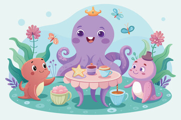 Naklejka premium Joyful undersea creatures share tea time amidst whimsical ocean flora and fluttering butterflies.