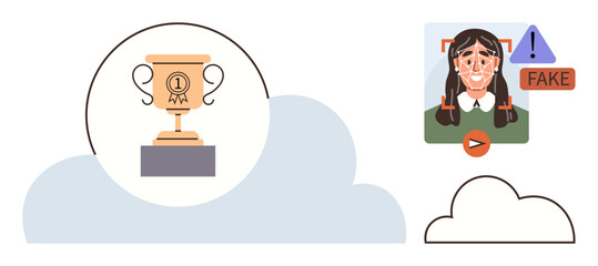 Trophy symbolizing success in contrast to deepfake alert on a profile image. Ideal for concepts of success, fraud, technology challenges, AI risks, credibility, ethics, safety in media. Simple flat