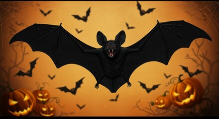 A menacing black bat with outstretched wings, fierce red eyes, and a terrifying grin flies against a Halloween orange background filled with pumpkins and other bats