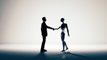 Naklejka na ściany i meble A humanoid robot AI agent and human handshake together as a team symbolizing agentic autonomy using future AGI superintelligence for teamwork and ASI collaboration during the singularity