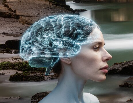 Human brain connected to a computer via nanotech cables in a neon cyberpunk environment.