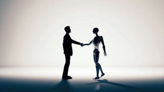 A humanoid robot AI agent and human handshake together as a team symbolizing agentic autonomy using future AGI superintelligence for teamwork and ASI collaboration during the singularity