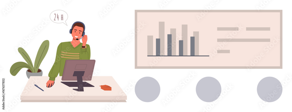 Poster office worker using a headset at a computer, discussing bar chart analysis. a presentation projectio