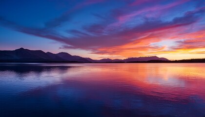Fototapeta premium vibrant sunset over calm water reflecting multi colored light and distant mountains at dusk