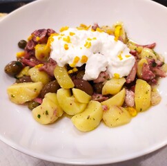 Potato salad with octopus, olives and sour cream, close-up. isolated. Italian cold potato salad with octopus, boiled potatoes, beans, olives and sour citron sauce.