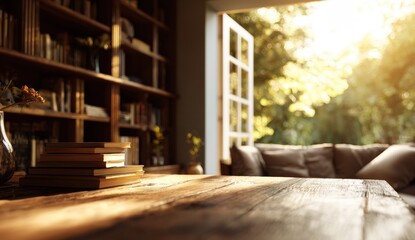 Sunlit library interior with outdoor view