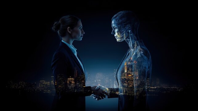 A humanoid robot AI agent and human handshake together as a team symbolizing agentic autonomy using future AGI superintelligence for teamwork and ASI collaboration during the singularity