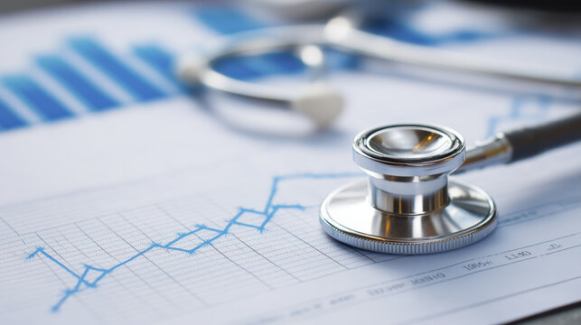 Stethoscope medical charts and graphs showing data and analysis, representing healthcare and medical research, with focus health monitoring
