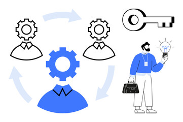 Business team gear profiles connected in circular process, person holding lightbulb idea, key symbol. Ideal for teamwork, creativity, planning, process, innovation, solution-finding strategy