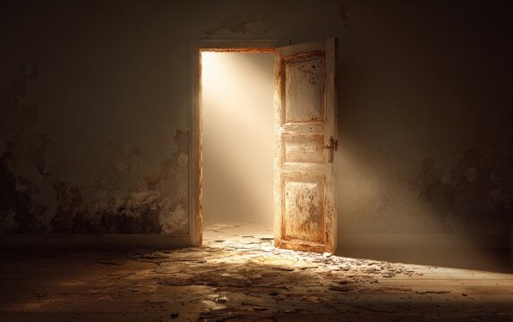 Abandoned room with open door and light