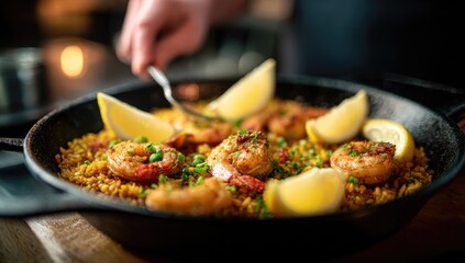 Close-up of paella with shrimp, lemon, and peas in a cast iron pan