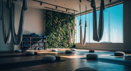 Modern yoga studio with aerial hammocks